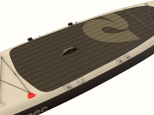 A top view of a the Weekender XL Inflatable Stand Up Paddle Board 11’ with a textured deck, featuring a carry handle and bungee cords.