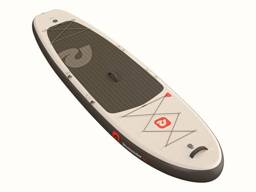 A top view of the Weekender XL Inflatable Stand Up Paddle Board 11’ in beige and dark brownish gray, featuring a textured surface bungee cord for storage, and handles.