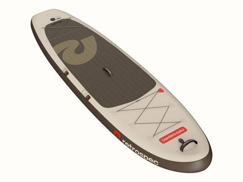 A top view of the Weekender XL Inflatable Stand Up Paddle Board 11’ featuring a textured surface bungee cord for storage, and handles.