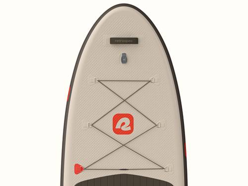 Close-up view of the Weekender XL Inflatable Stand Up Paddle Board 11’ nose featuring a red "retrospec" logo, elastic bungee cords, and a textured grip surface with focus on the action mount.