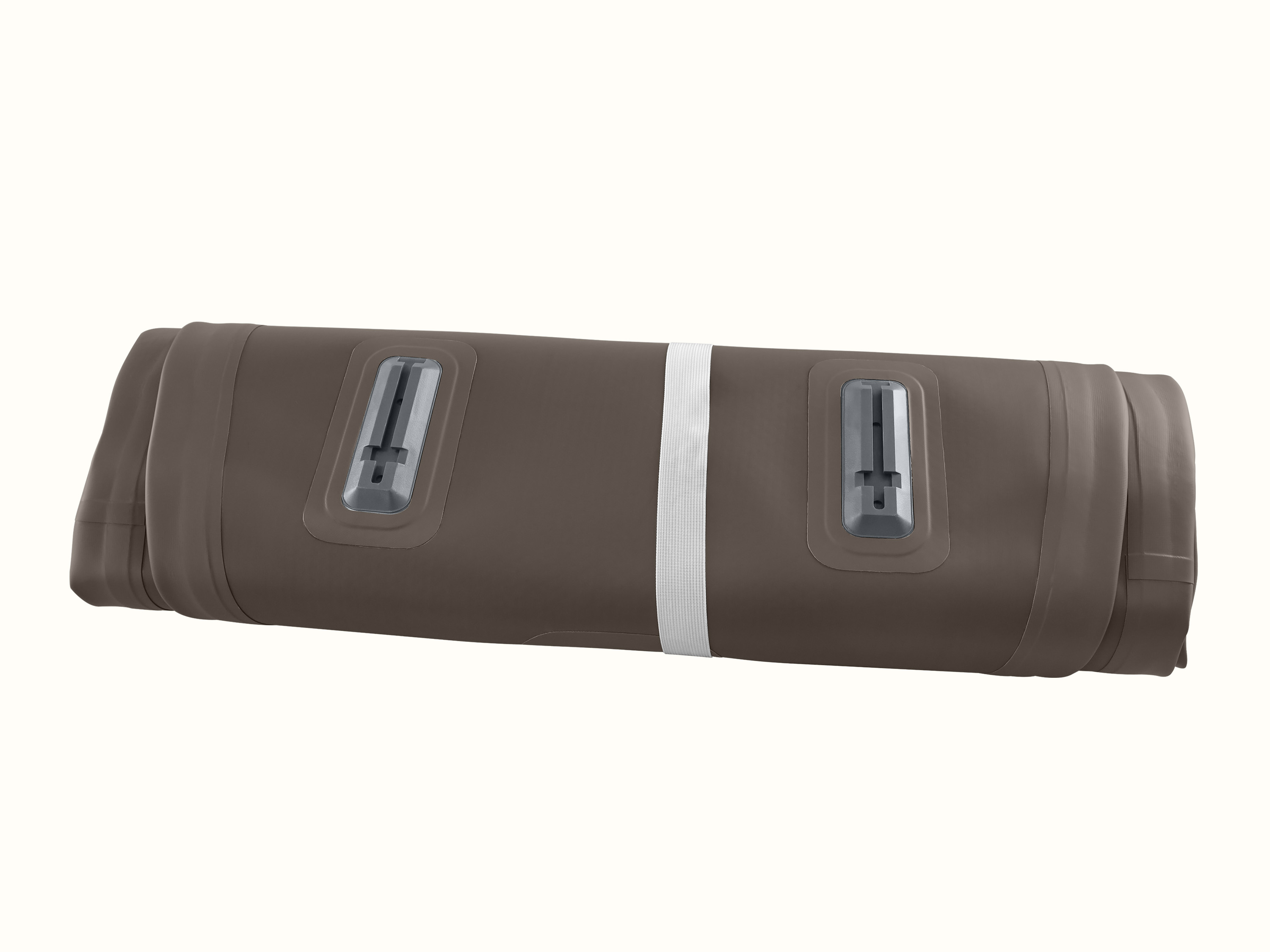 The Weekender XL Inflatable Stand Up Paddle Board 11’ deflated and rolled up, secured with a grey strap.
