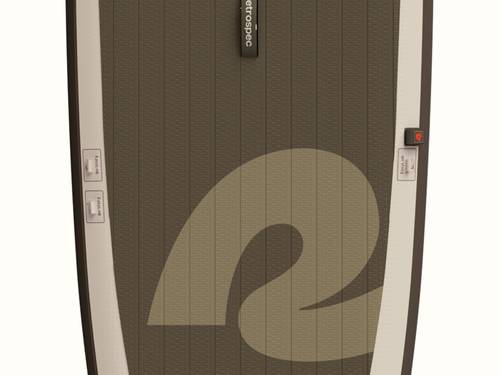 Close-up of the Weekender XL Inflatable Stand Up Paddle Board 11’ textured deck surface with vertical lines and a prominent "retrospec" logo in a neutral color scheme.