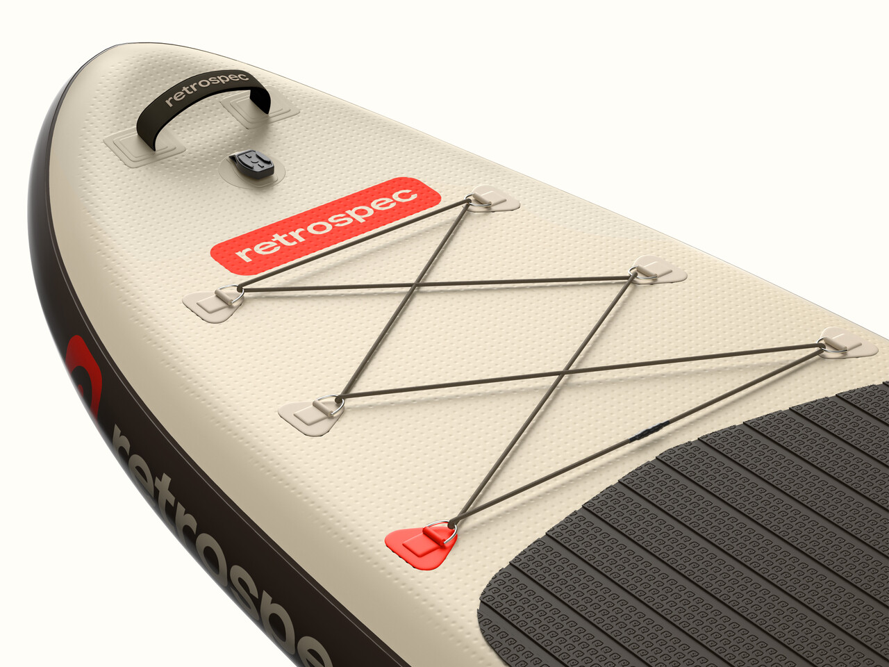 Close-up of the beige and gray Weekender XL Inflatable Stand Up Paddle Board 11’ with the 