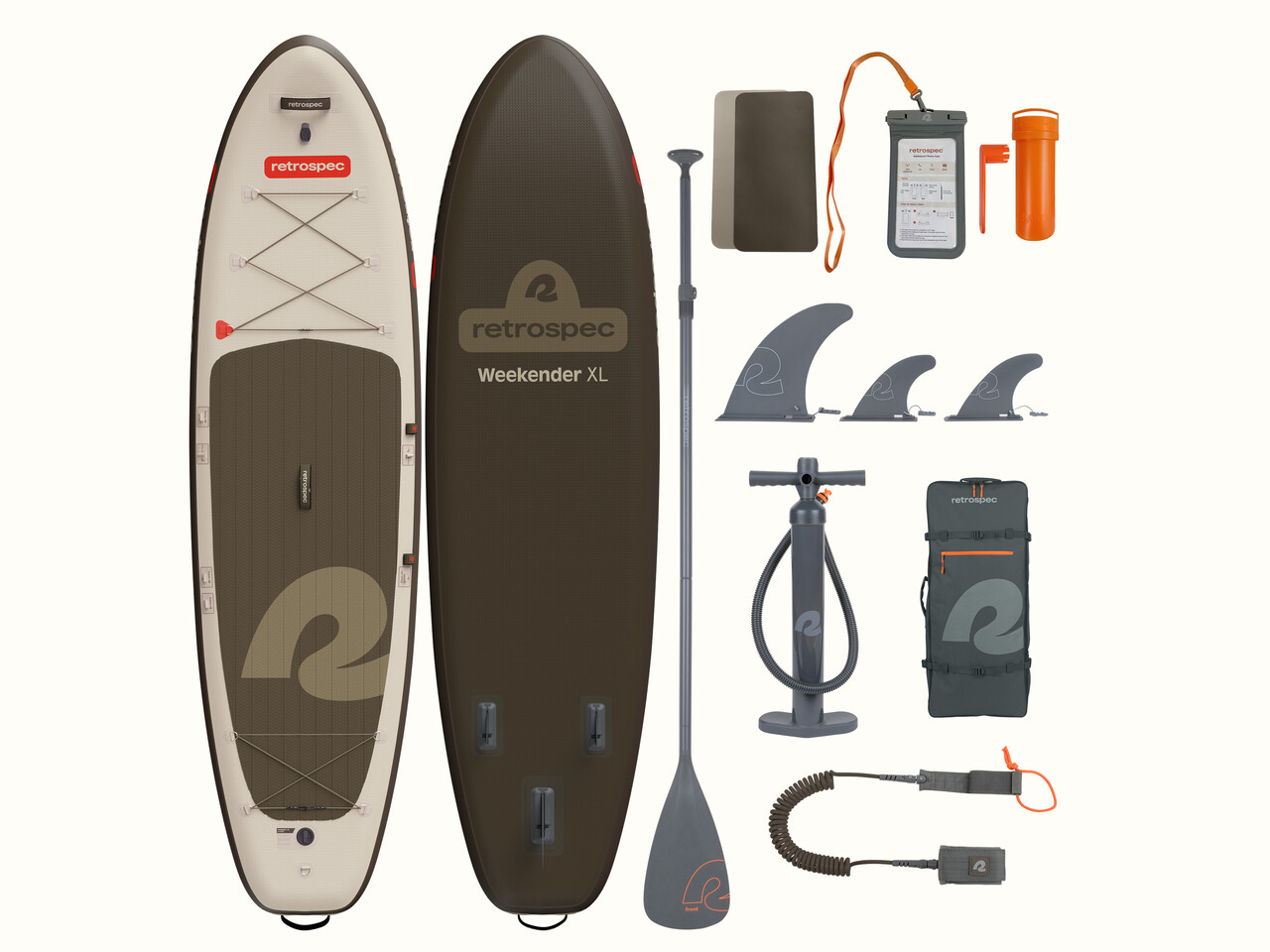 The front and back of the Weekender XL Inflatable Stand Up Paddle Board 11’ shown with its included accessories; paddle, pump, fins, storage bag, repair kit and cell phone case, all displayed neatly.