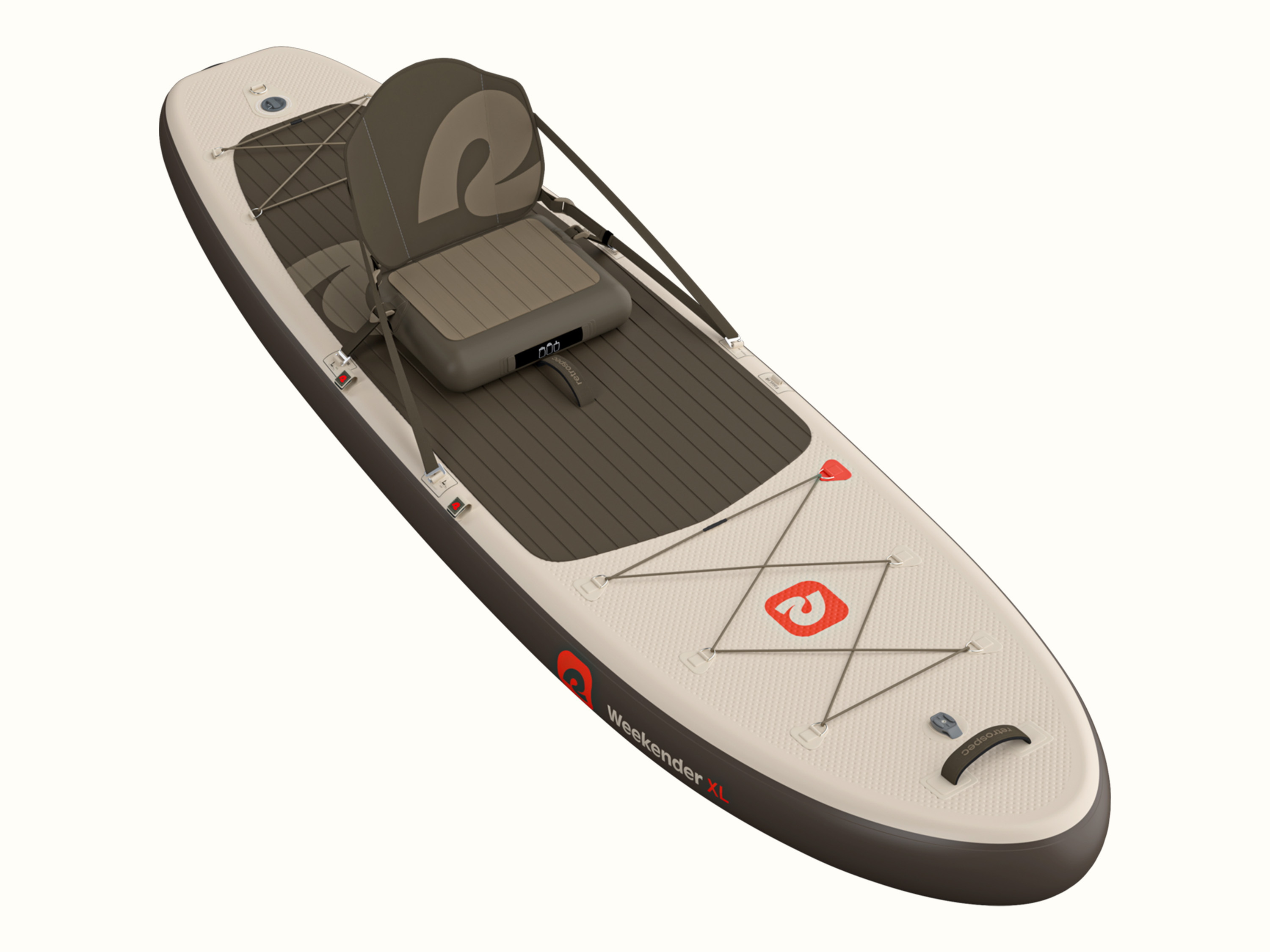 A top view of the Weekender XL Inflatable Stand Up Paddle Board 11' featuring a comfortable seating area and storage bungee cords, designed for leisurely water activities.