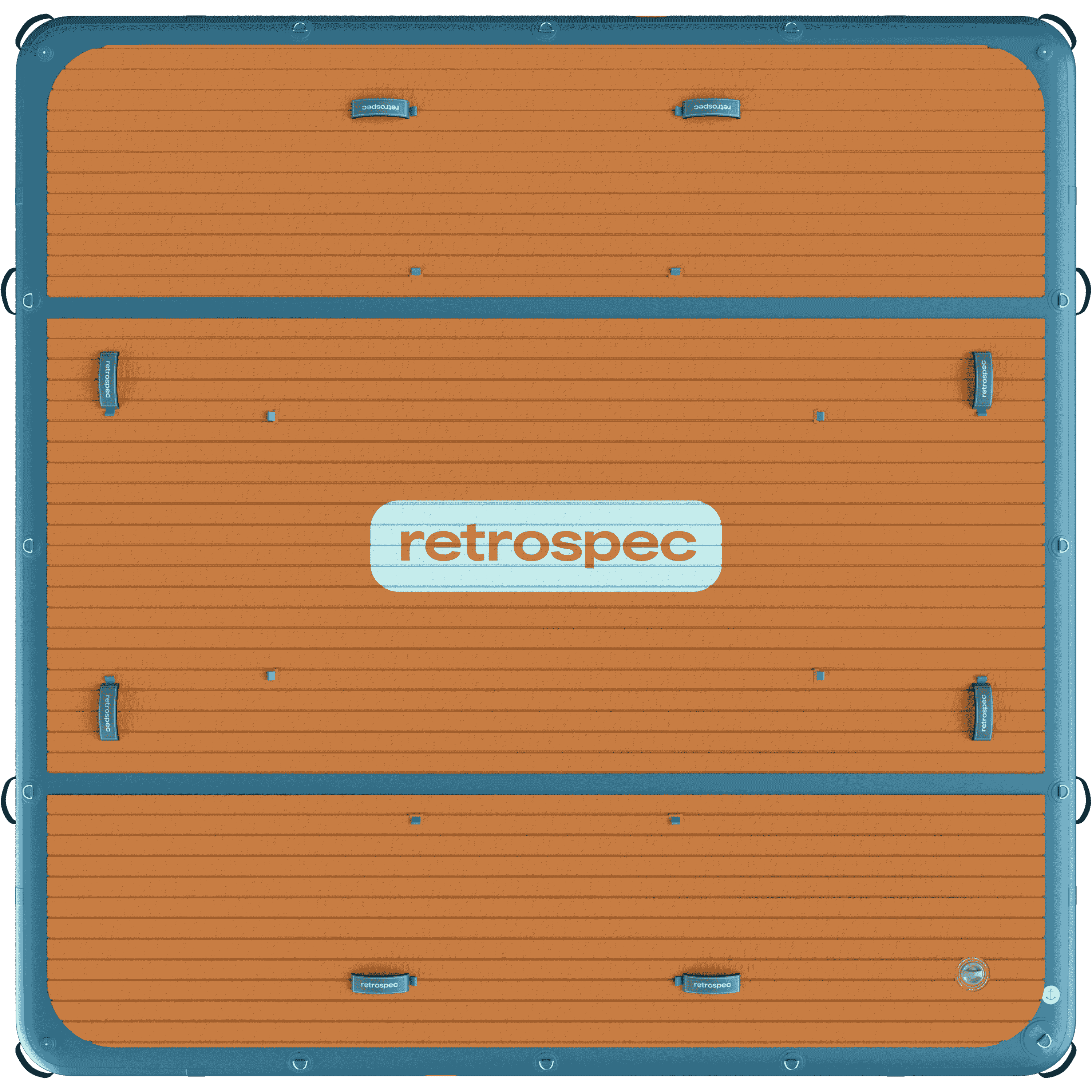 Top view of the Siesta Inflatable Dock XL 10' with a retrospec logo in the center and a wood textured deck.