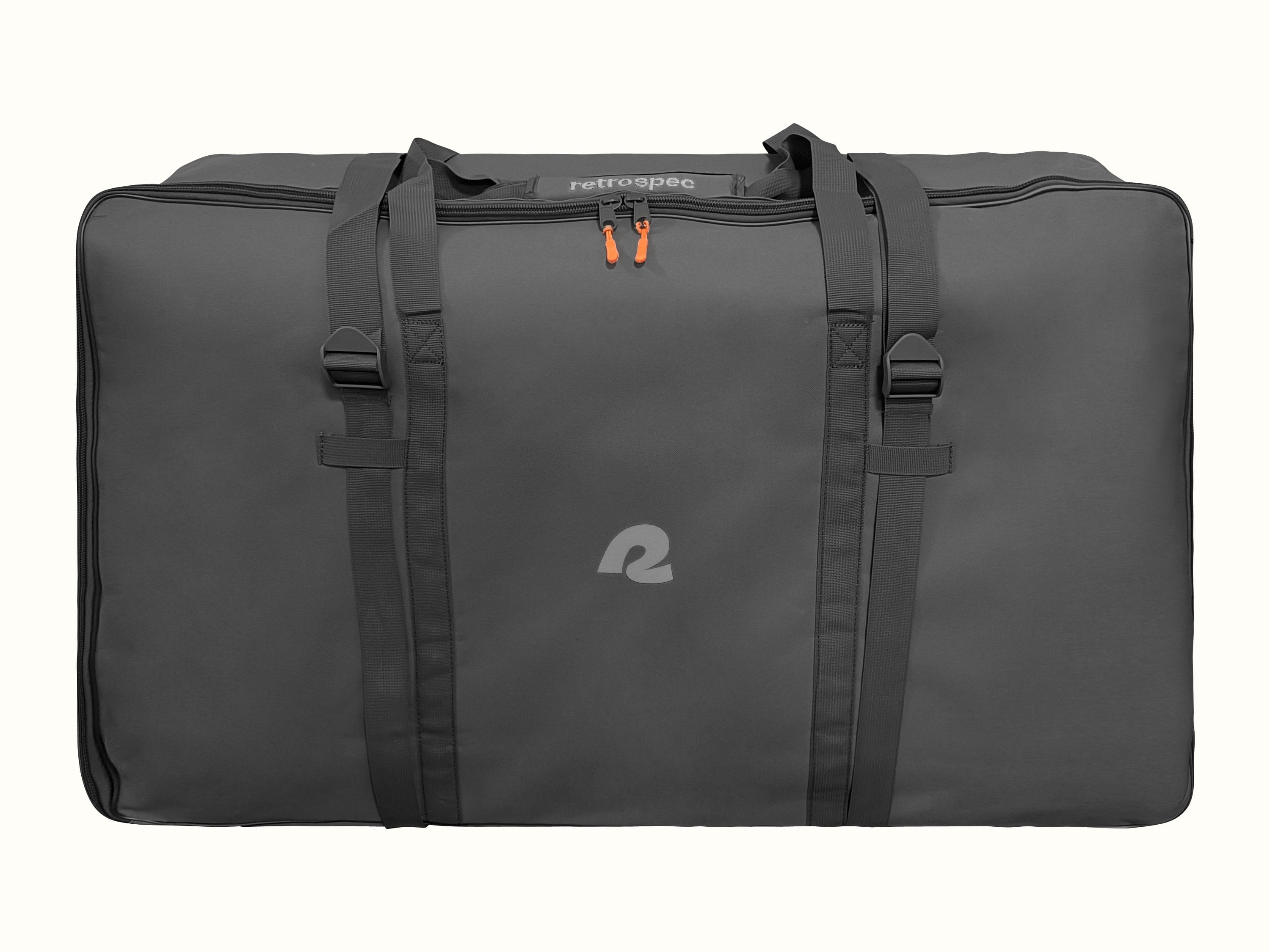 A dark gray bag with strap handles, zipper closure, and the logo “retrospec” at the center.
