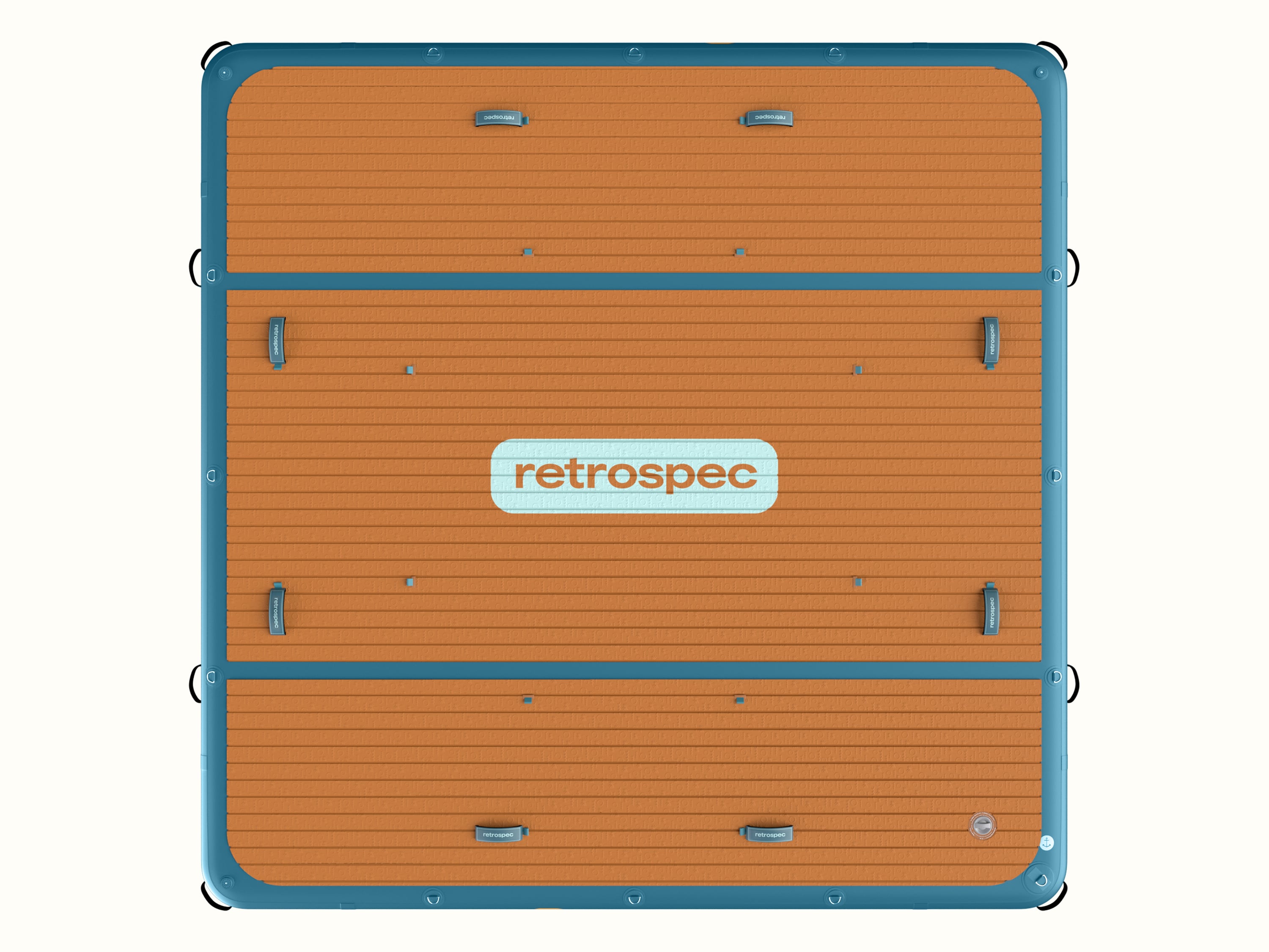Top-down view of the Siesta Dock XL 10' Inflatable Platform with a large blue retrospec logo in the center and blue trim.