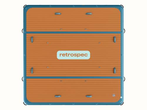 Top-down view of the Siesta Dock XL 10' Inflatable Platform with a large blue retrospec logo in the center and blue trim.