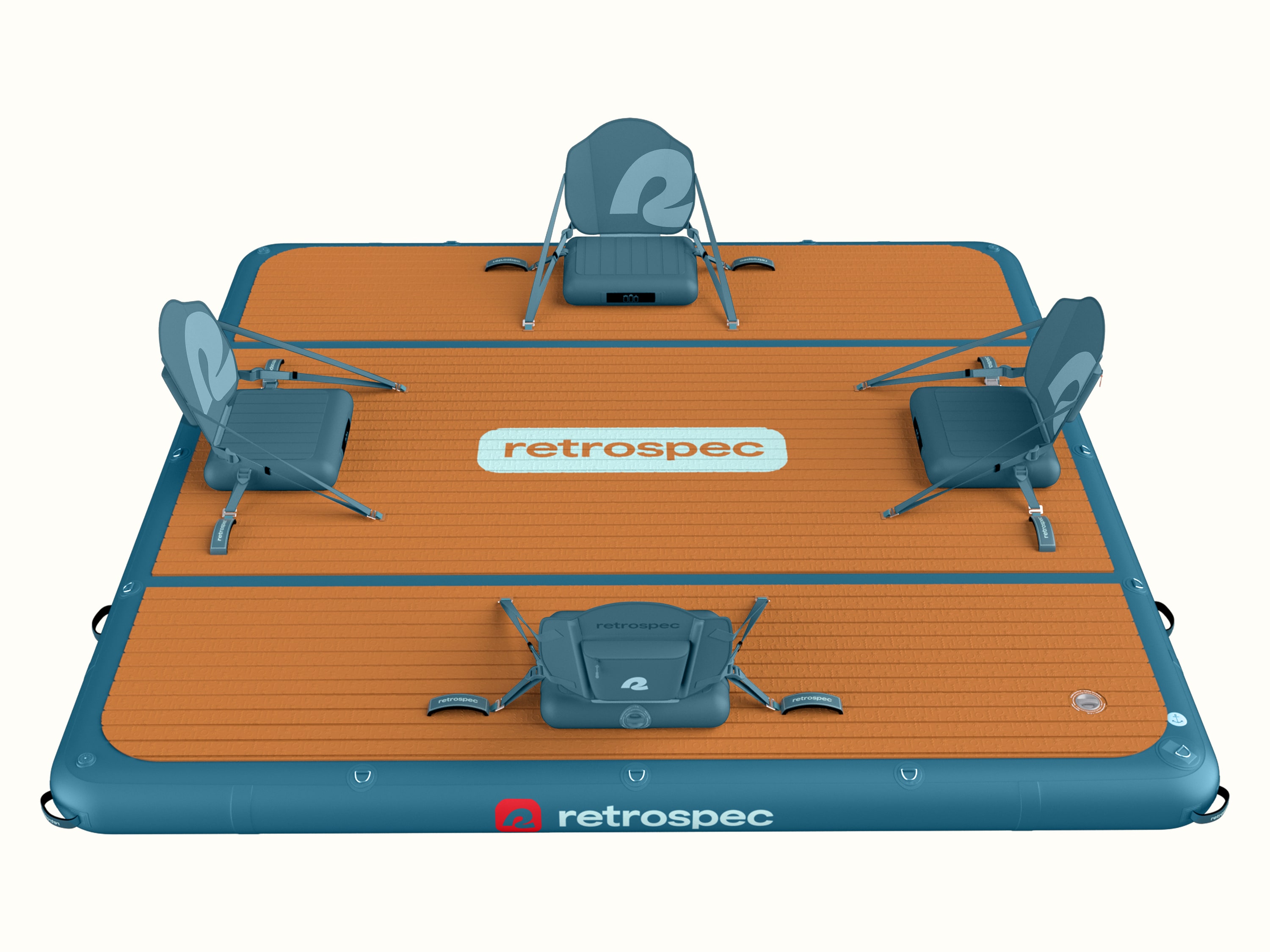 Inflatable floating dock with four inflatable chairs on a wood-patterned textured deck.