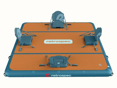 Inflatable floating dock with four inflatable chairs on a wood-patterned textured deck.