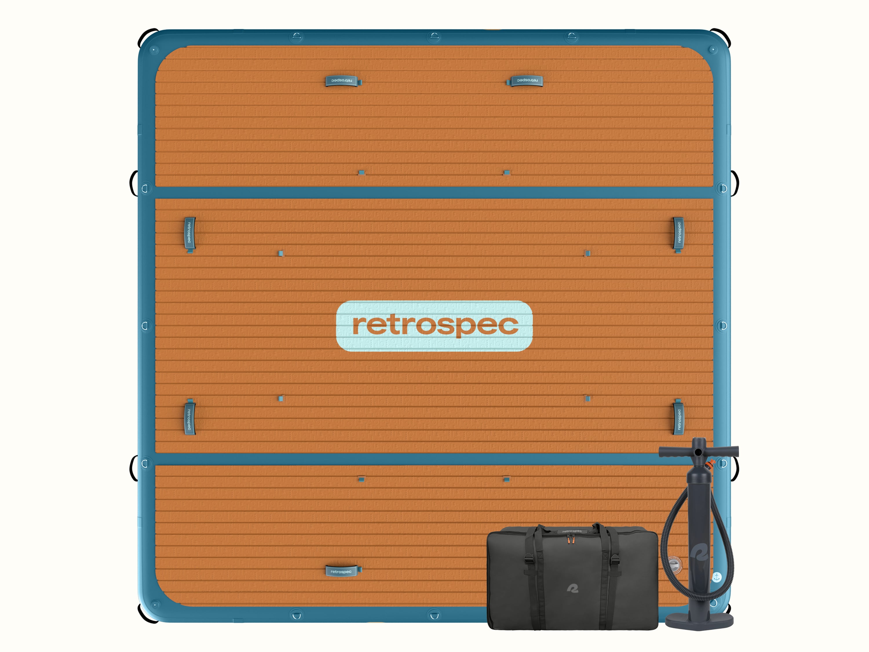 The Siesta 10' Inflatable Dock with a pump and bag, featuring a large retrospec logo.