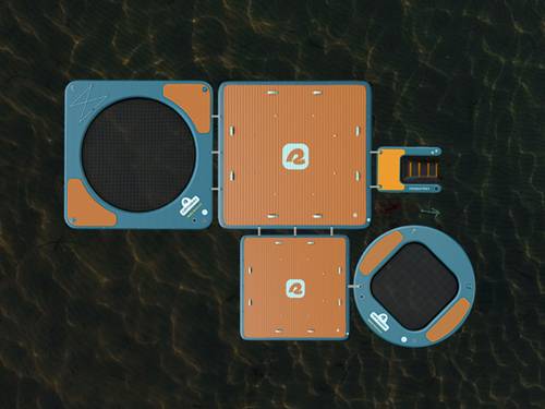 Overhead view of the Siesta Docks, Siesta Hammocks, and Siesta Pup Ramp tethered together while floating on a body of water.