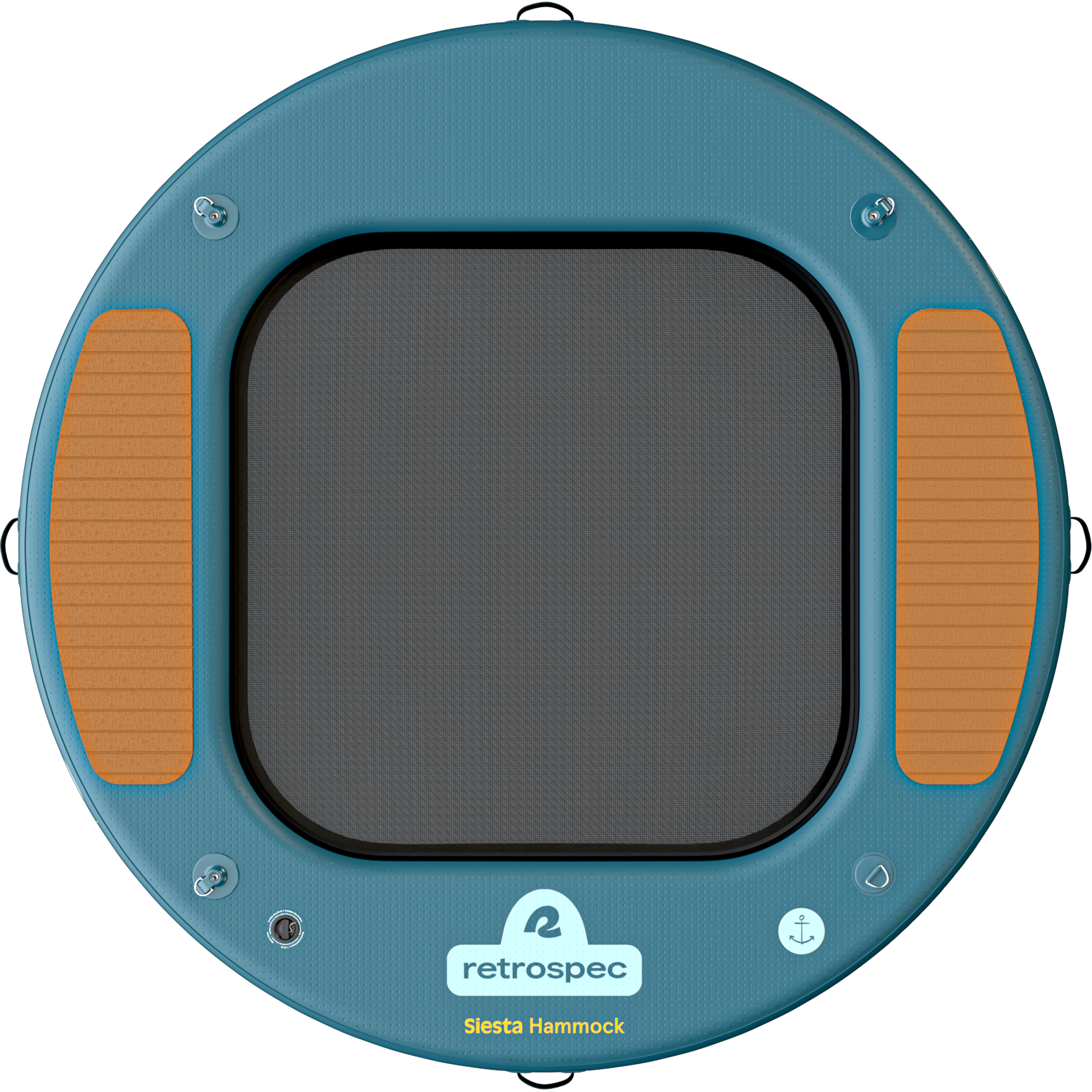 Top view of the Siesta Hammock Inflatable Platform -Circle 8' with revealing a mesh center and a wood panel surface design.