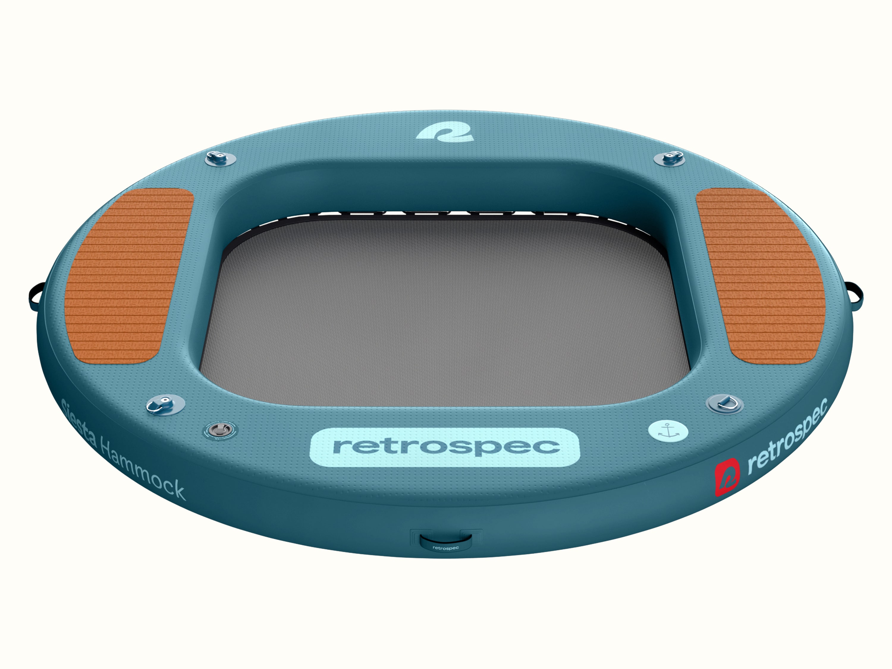 The Siesta Hammock Inflatable Water Platform -Circle 8' revealing a mesh center and a wood panel surface design.