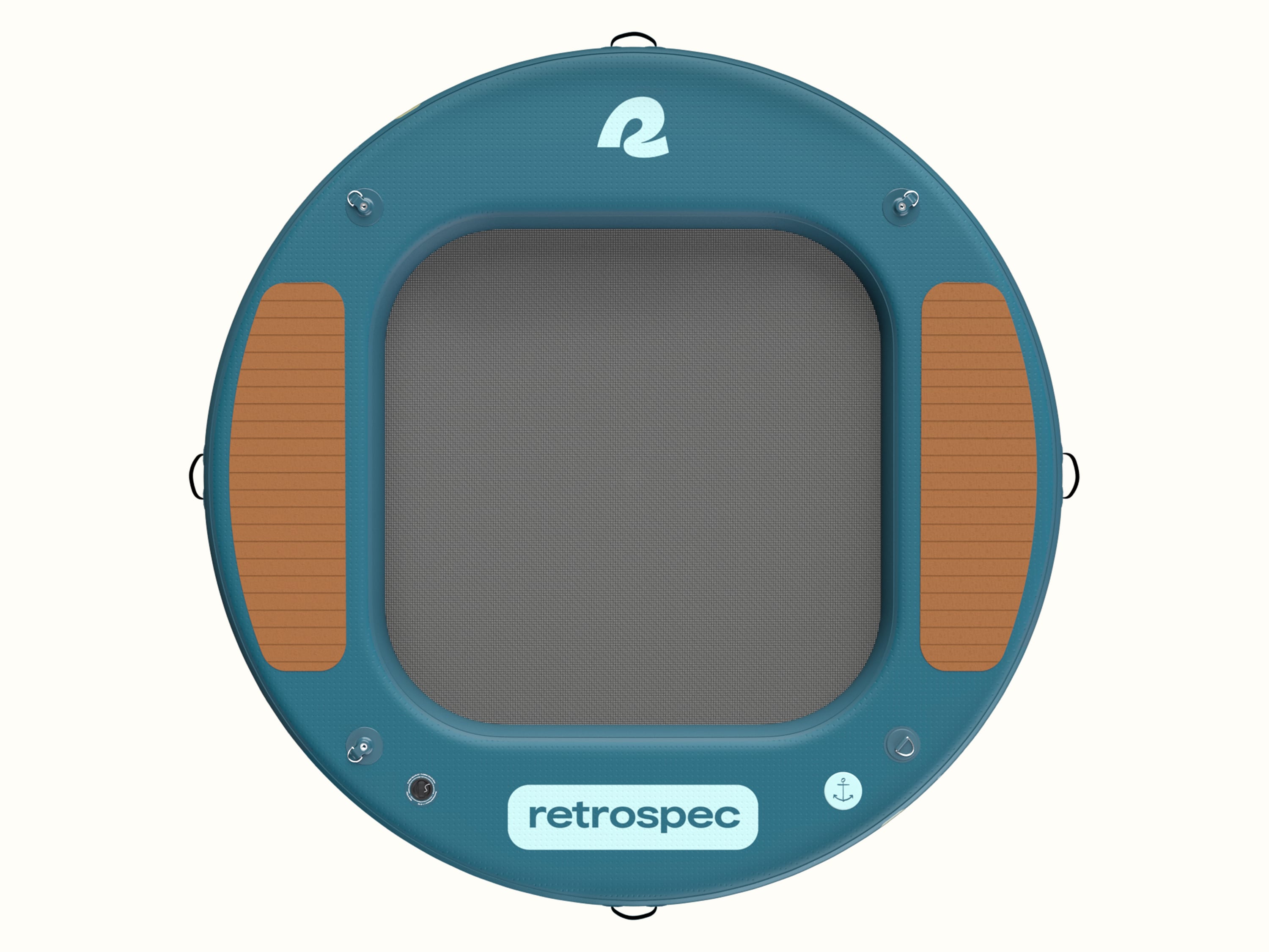 Top view of the Siesta Hammock Inflatable Water Platform -Circle 8' revealing a mesh center and a wood panel surface design.