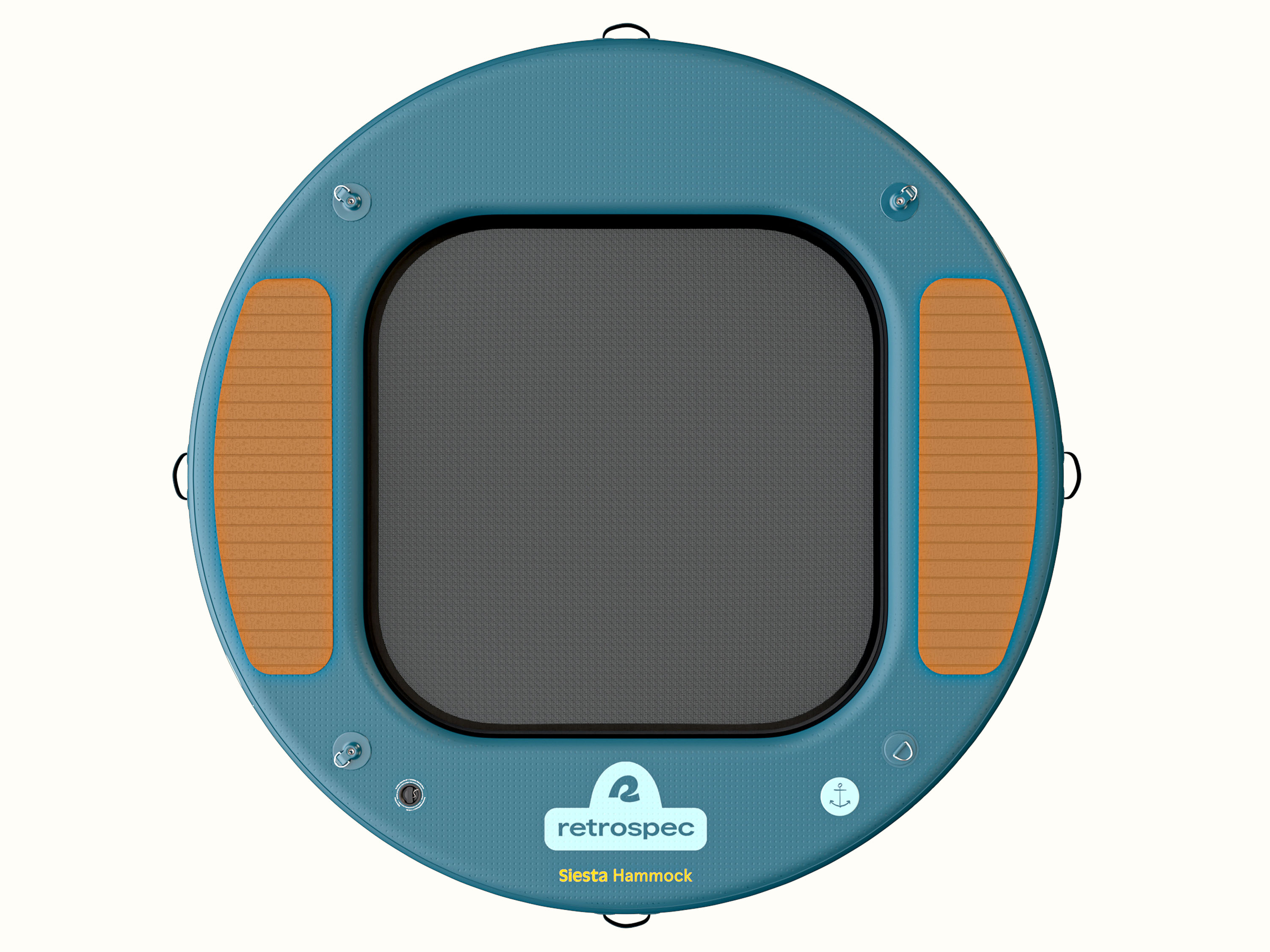 Top view of the Siesta Hammock Inflatable Water Platform -Circle 8' revealing a mesh center and a wood panel surface design.