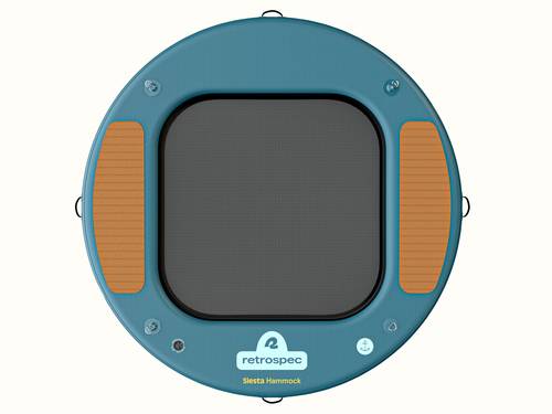 Top view of the Siesta Hammock Inflatable Water Platform -Circle 8' revealing a mesh center and a wood panel surface design.