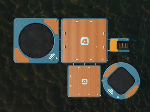 Overhead view of the Siesta Docks, Siesta Hammocks, and Siesta Pup Ramp tethered together while floating on a body of water.