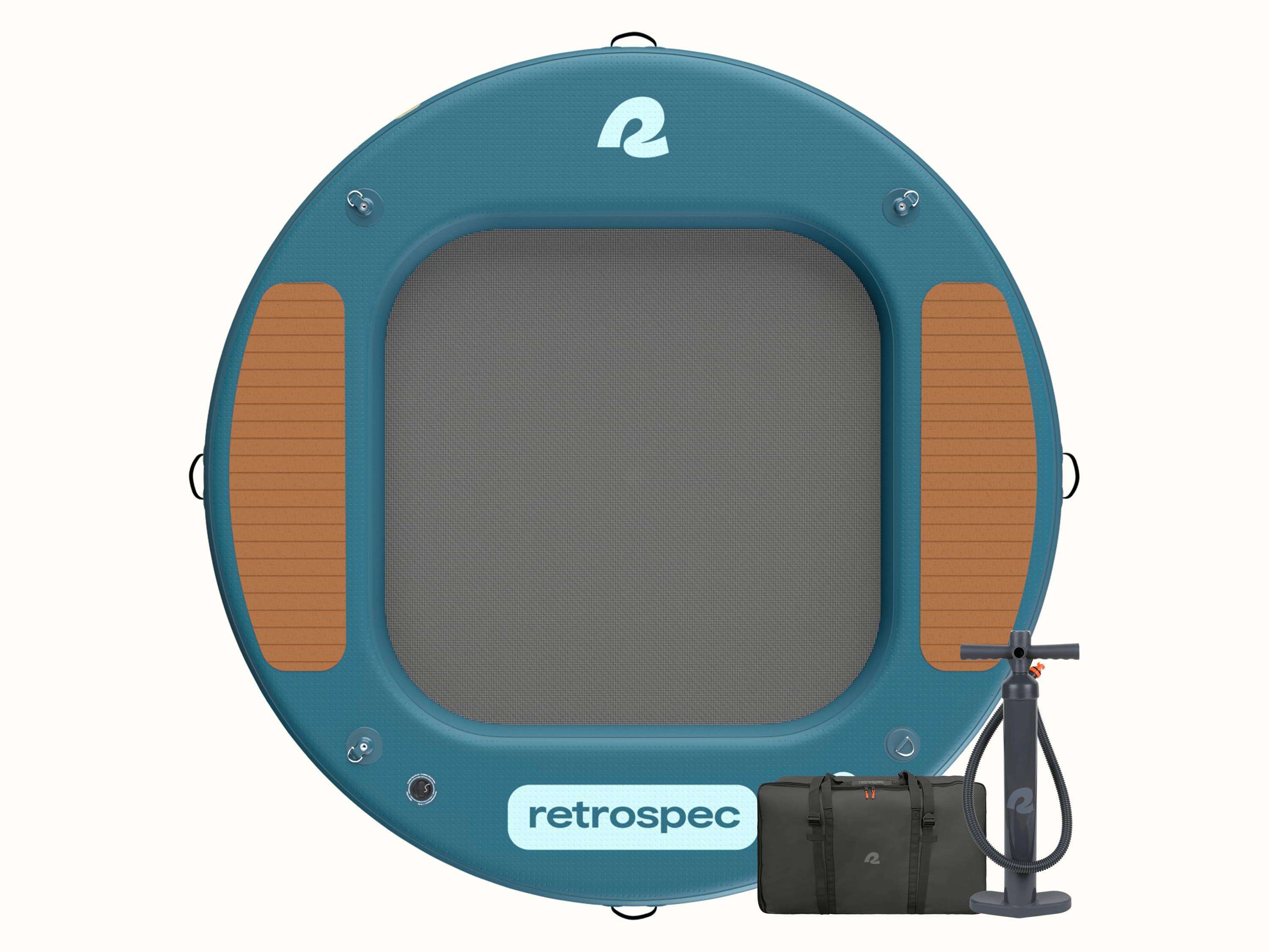 The Siesta Inflatable Hammock Water Platform - Circle shown with a mesh center and featuring a wood panel design on the deck, accompanied with a floor pump and carry bag.