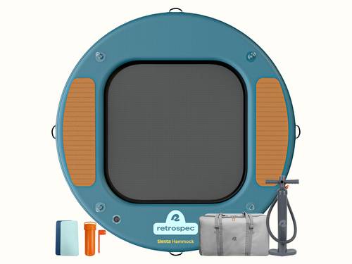 The Siesta Inflatable Hammock Water Platform - Circle shown with a mesh center and featuring a wood panel design on the deck, accompanied with a floor pump, carry bag, and repair kit.