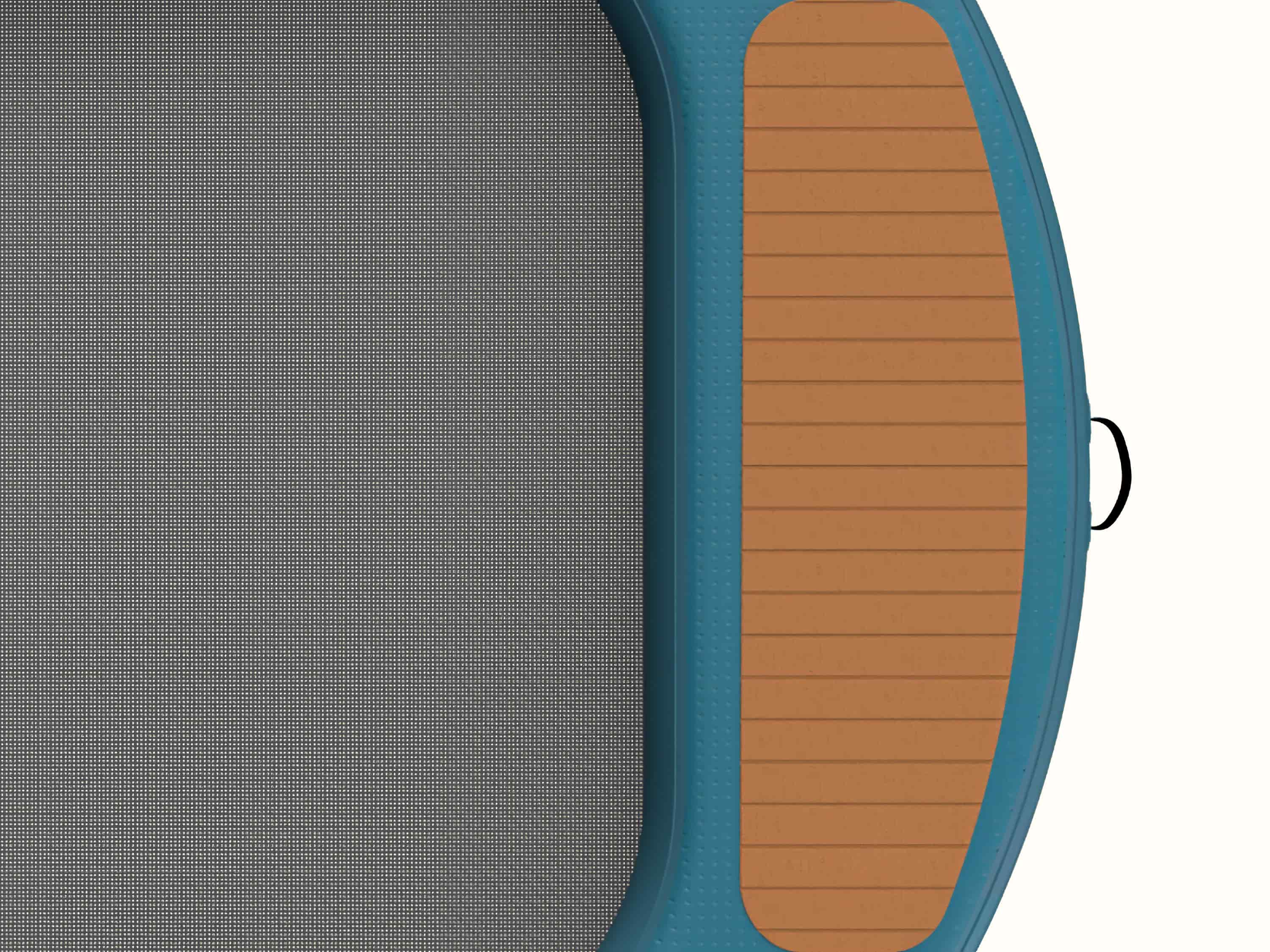 A close-up view of the Siesta Hammock Inflatable Water Platform -Circle's deck revealing a mesh center and a wood panel surface design that features palm trees, suns, and waves.