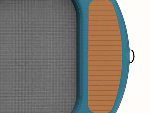 A close-up view of the Siesta Hammock Inflatable Water Platform -Circle's deck revealing a mesh center and a wood panel surface design that features palm trees, suns, and waves.