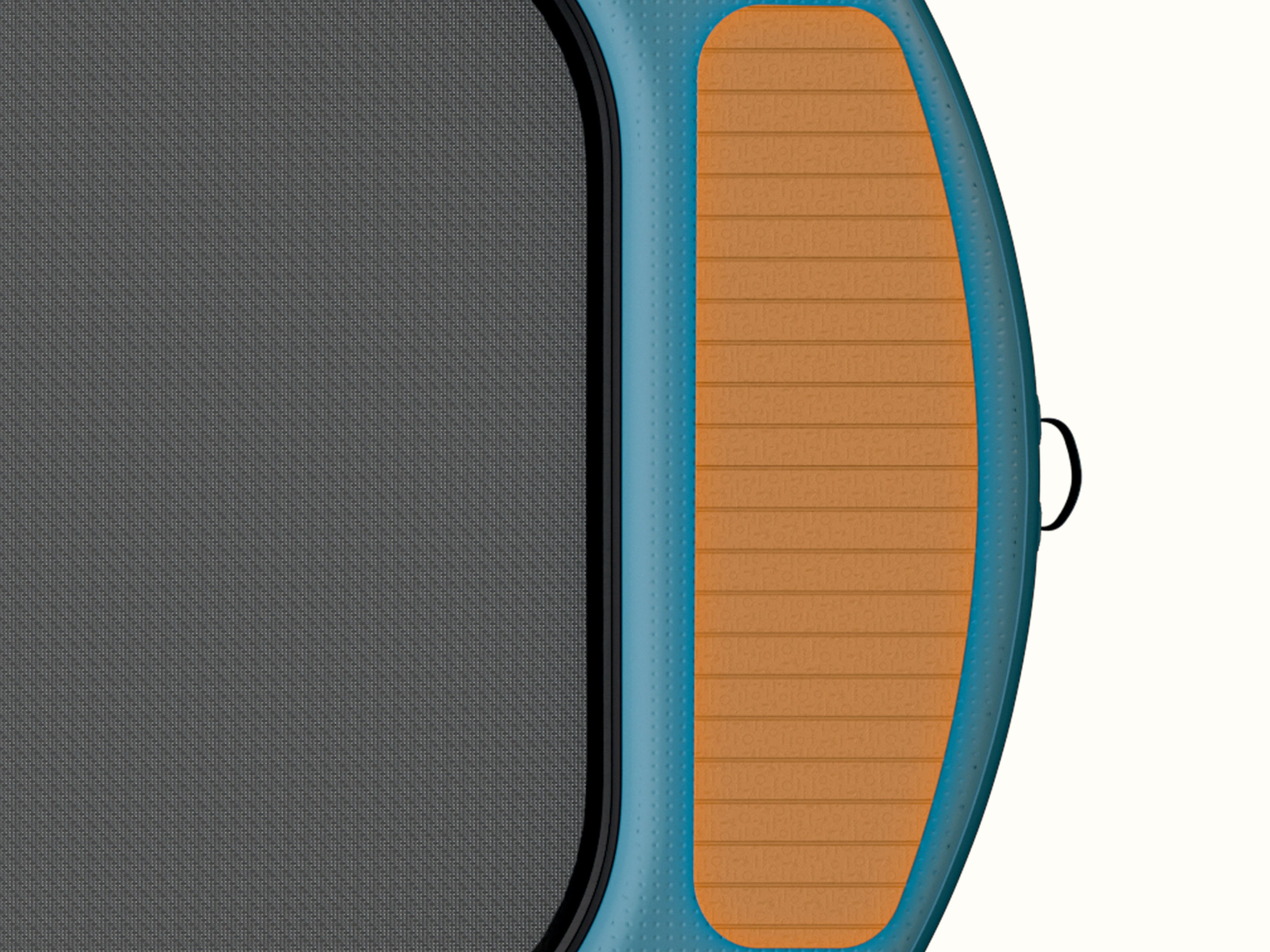 A close-up view of the Siesta Hammock Inflatable Water Platform -Circle's deck revealing a mesh center and a wood panel surface design that features palm trees, suns, and waves.