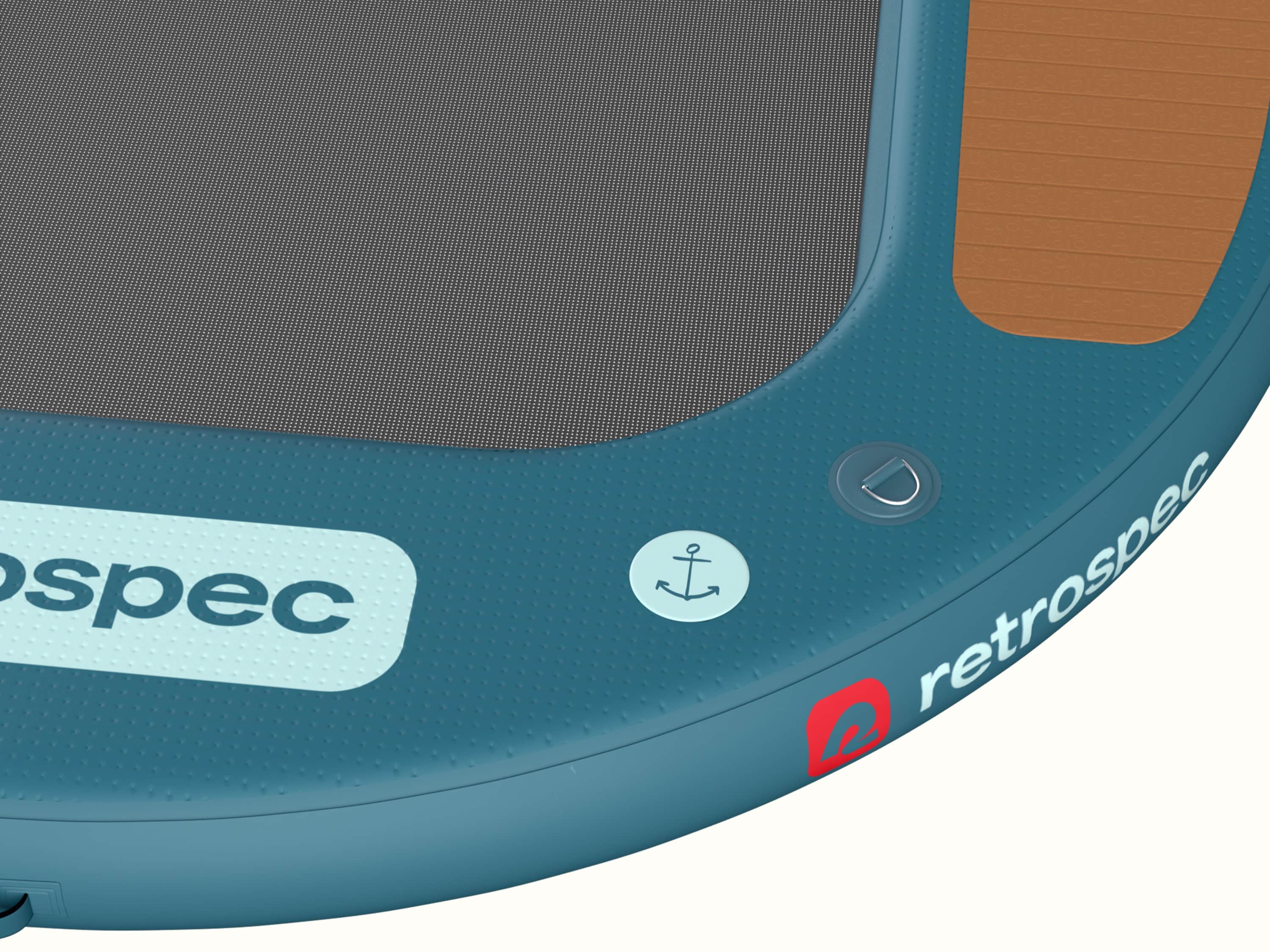 A close-up view of the Siesta Hammock Inflatable Water Platform -Circle's topside ¼” threaded mount and D-Ring.