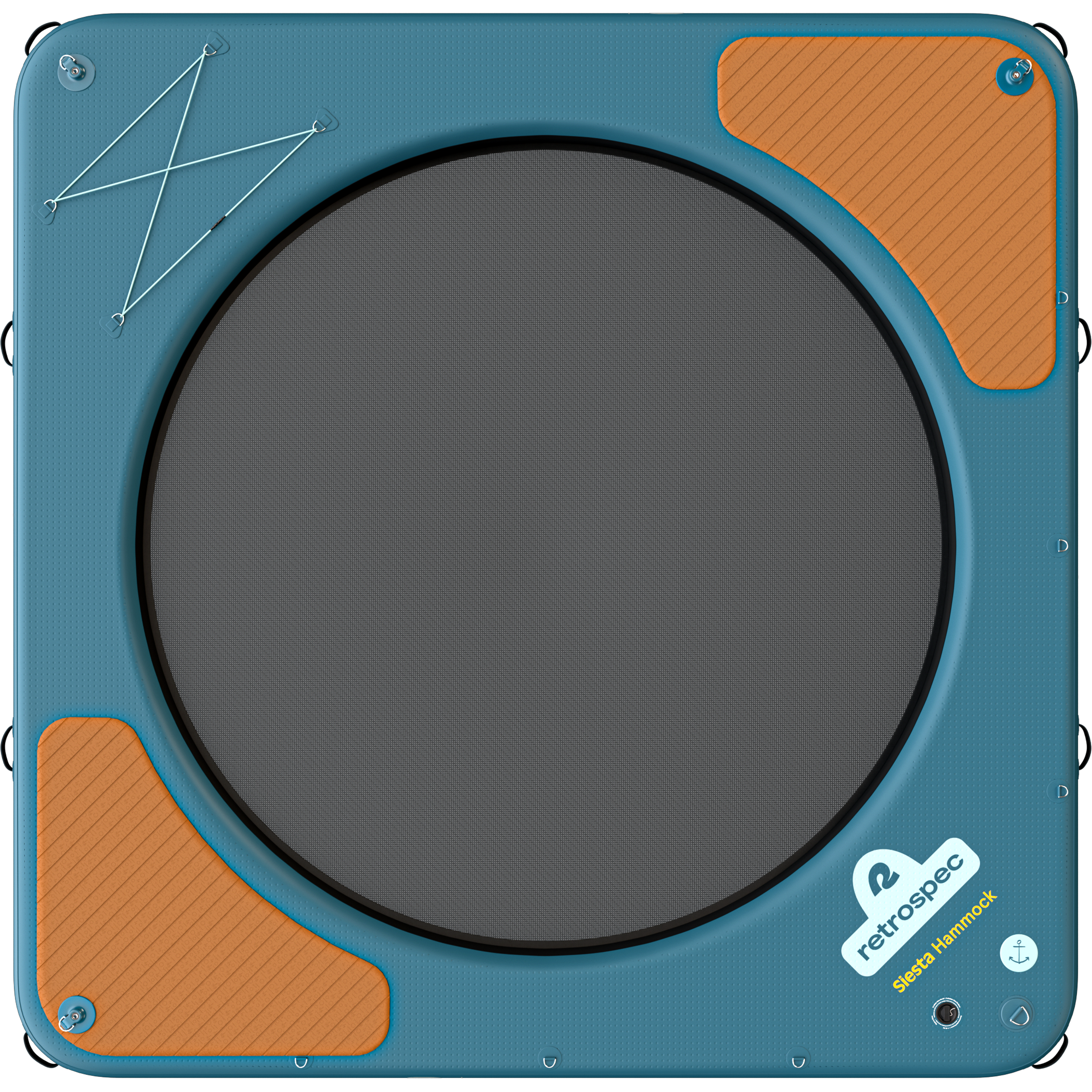 Siesta Inflatable hammock with a mesh center, wood panel accents on the deck pad, and a bungee storage area.