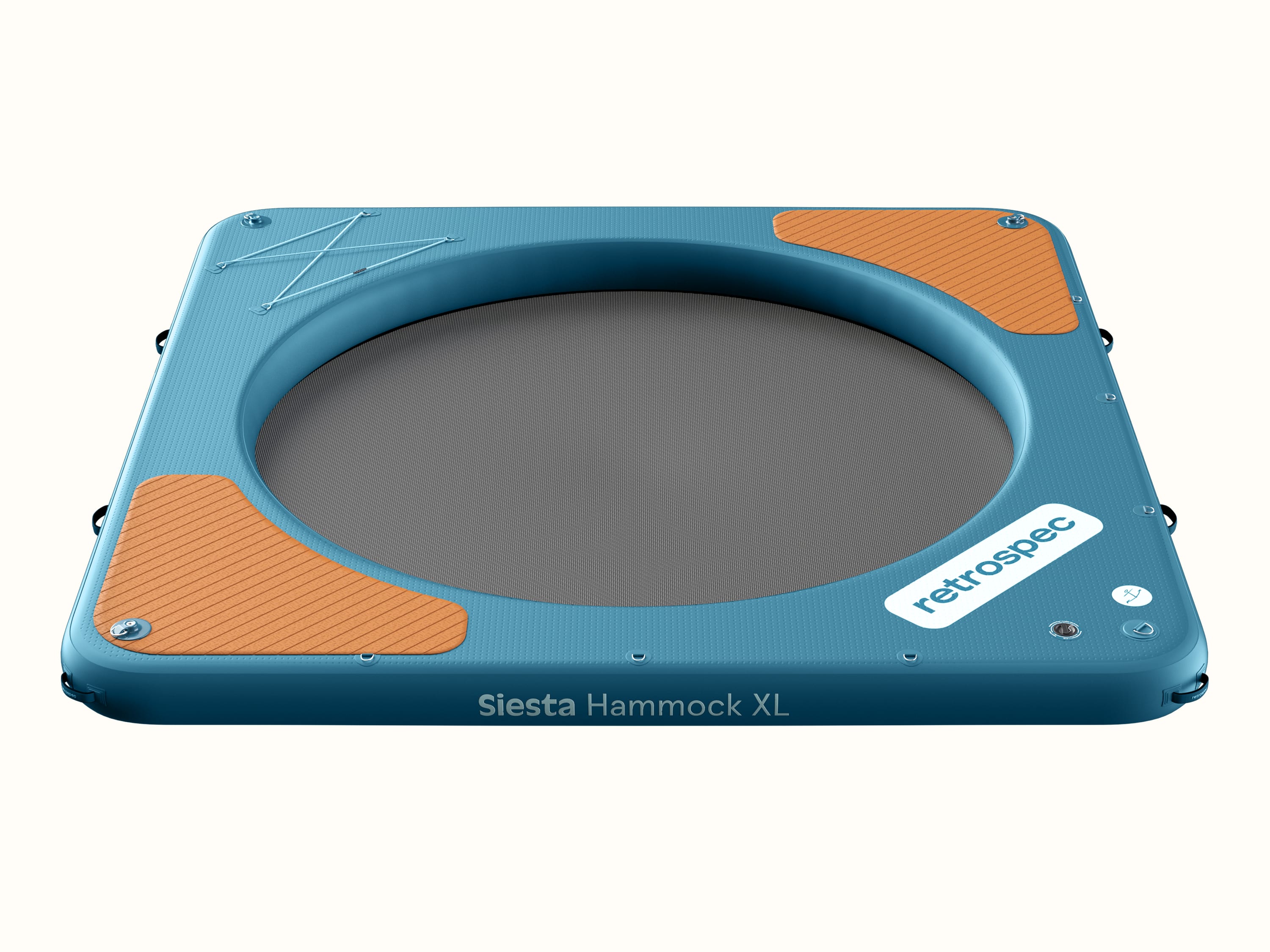 A blue inflatable and portable Siesta Hammock with a round mesh center and wood panel pattern accents.