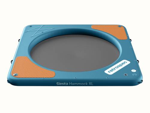 A blue inflatable and portable Siesta Hammock with a round mesh center and wood panel pattern accents.