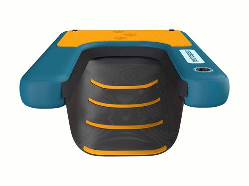 Inflatable Siesta Pup Pet Ramp with a blue and yellow deck, and a black mesh ramp with yellow high visibility strips.