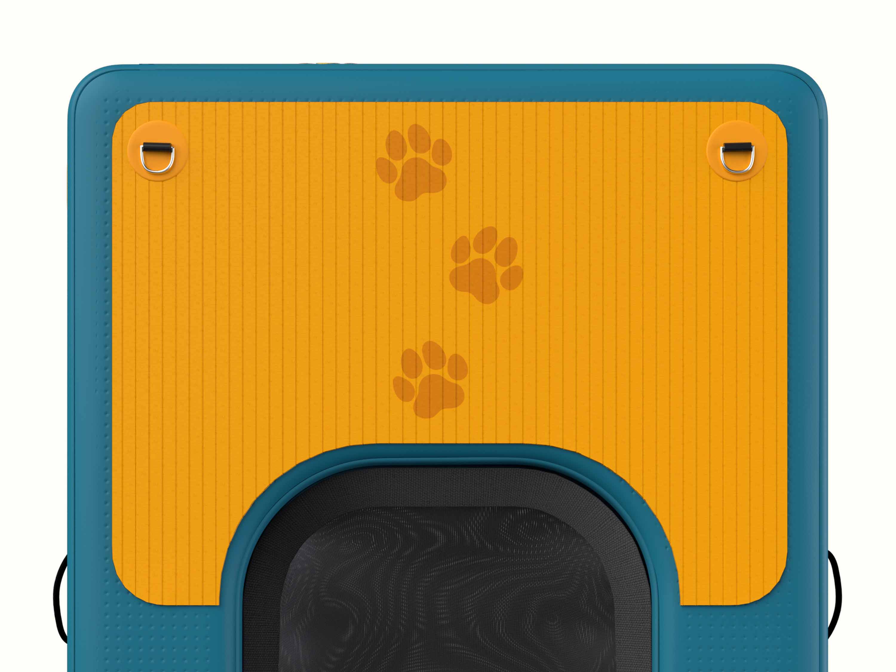 A top view of the deck of the Siesta Pup Inflatable Pet Ramp & Platform showcasing the bright yellow platform with three paw prints.