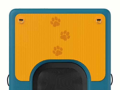 A top view of the deck of the Siesta Pup Inflatable Pet Ramp & Platform showcasing the bright yellow platform with three paw prints.