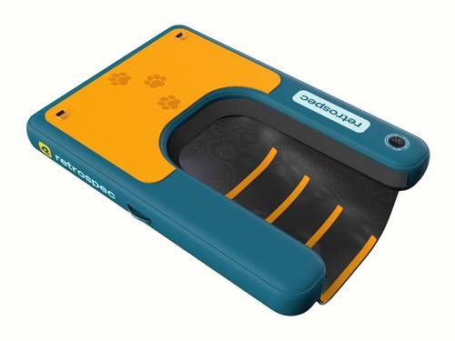 A top view of the deck of the Siesta Pup Inflatable Pet Ramp & Platform showcasing the bright yellow platform with three paw prints and the black mesh ramp with high visibility yellow strips.