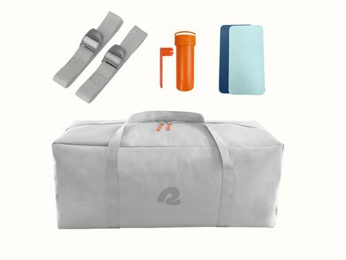 A gray duffle bag with carry straps and an orange zipper with a discrete "retrospec" branded logo on the front, two gray tether straps, an orange valve wrench, and two repair patches on a light background.