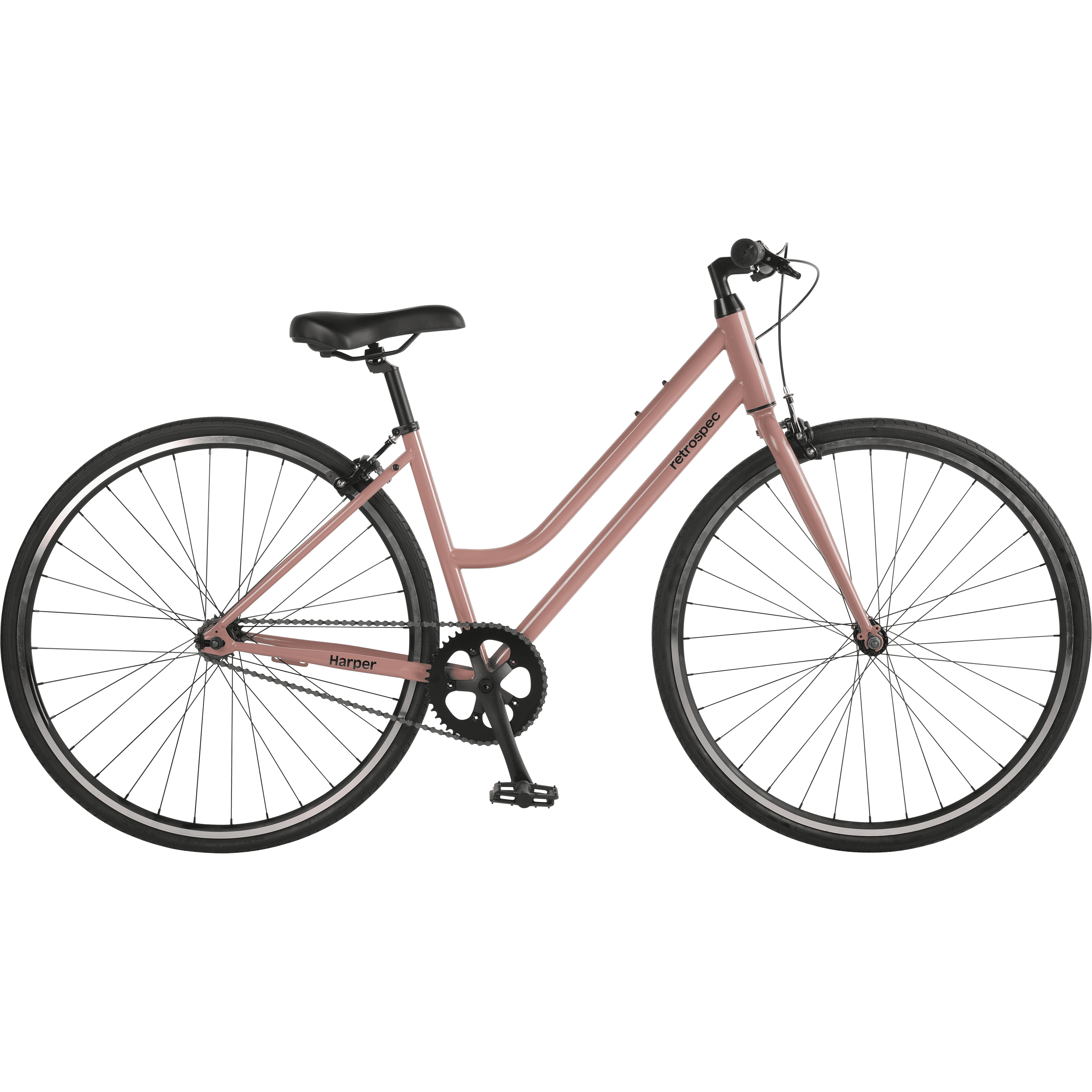 A pink single-speed bicycle with black tires and saddle.