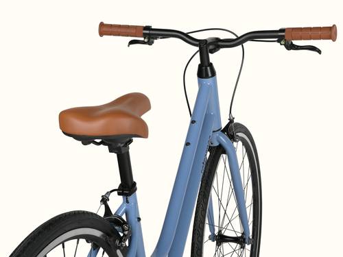 Close-up of a blue bicycle's seat and handlebar with brown grips on a white background.