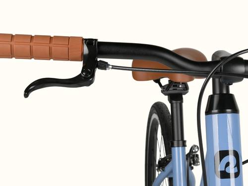 Close-up of a blue bicycle's handlebar with a black brake lever and brown grips.