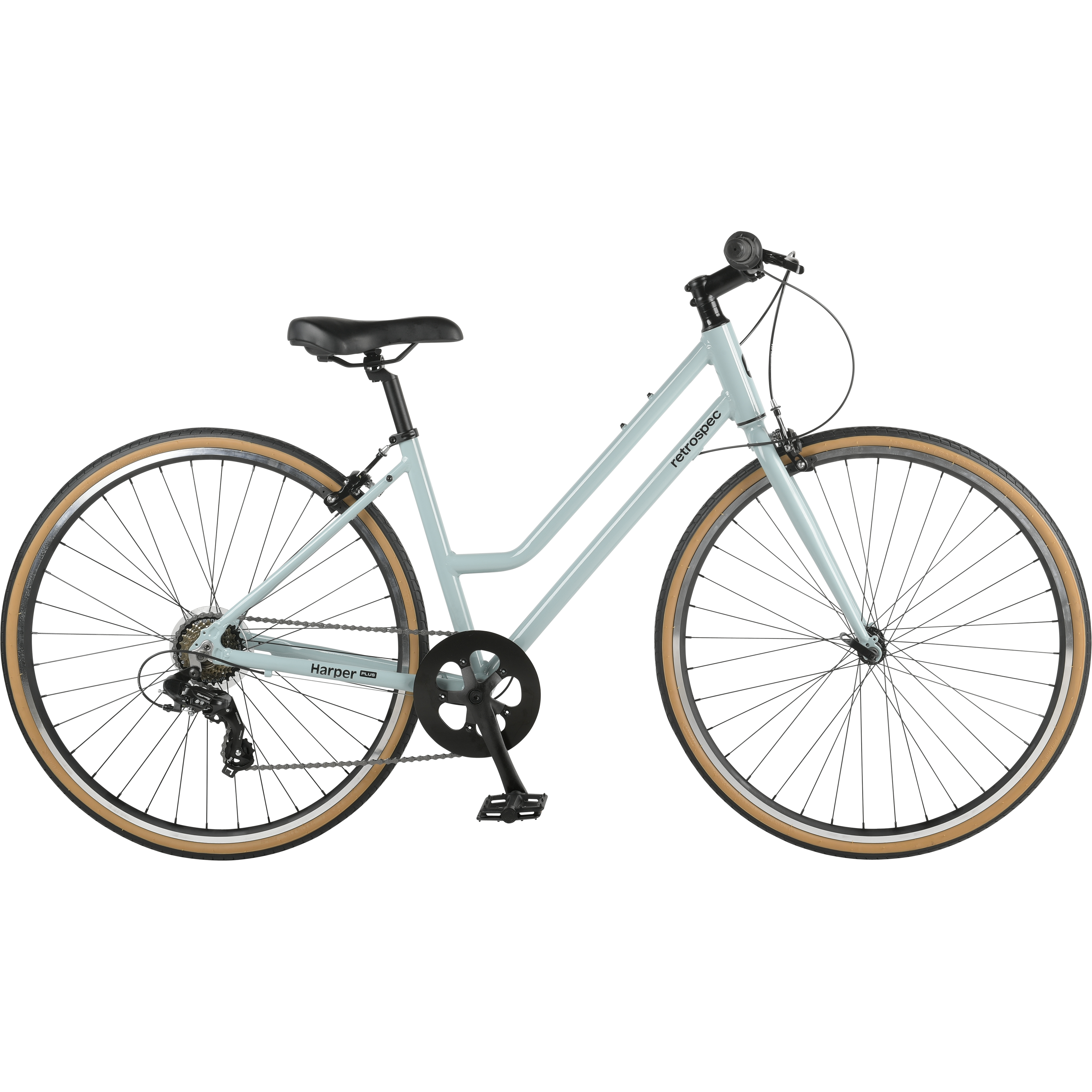 A light blue retrospec Harper Plus 7-Speed Step Through city bicycle with a black seat and handlebars.