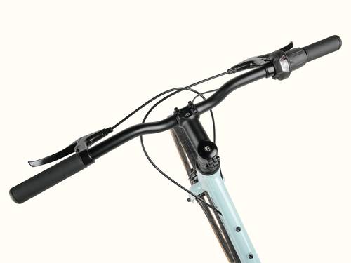 Close-up of Harper Plus 7 Speed bicycle handlebars and top part of the front fork, isolated on a white background.