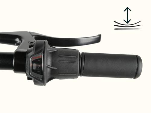 Bicycle gear shifter and handlebar grip on white background, with a gear indicator showing 7 speed and an illustration demonstrating the cushion of the grip.