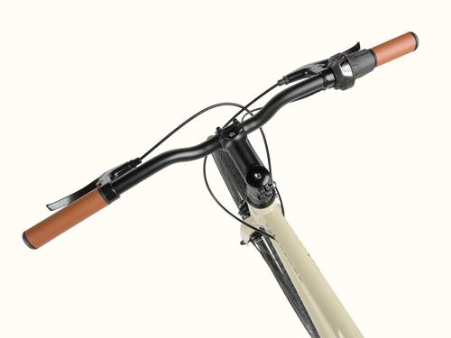 Handlebars of a bicycle with brown grips on a white background.