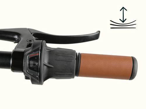 Bicycle handlebar with a gear shift indicator and a brown grip with a black illustration demonstrating the cushion in the grip.