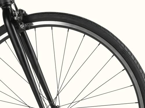 Close-up of a bicycle wheel with spokes against a white background.