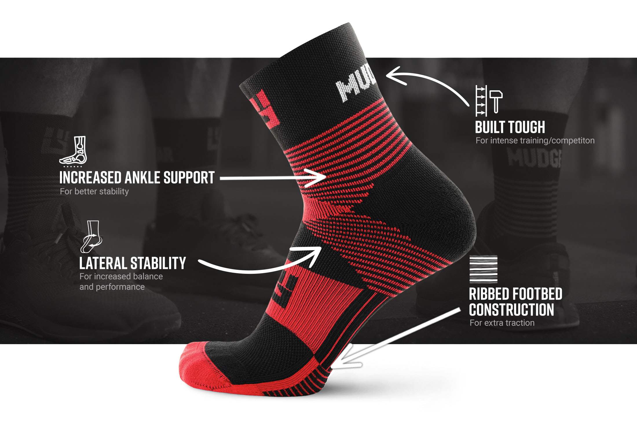 Infographic of MudGear Hybrid Training Sock (RED)