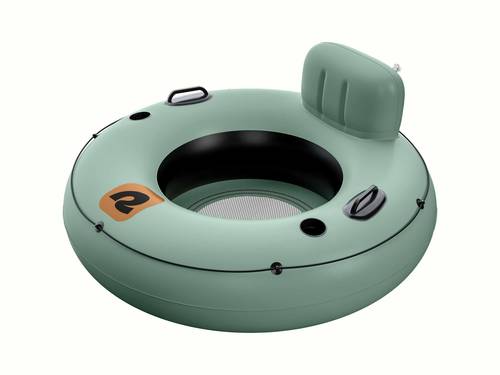 Inflatable green float tube with cup holders and two handles on a white background.