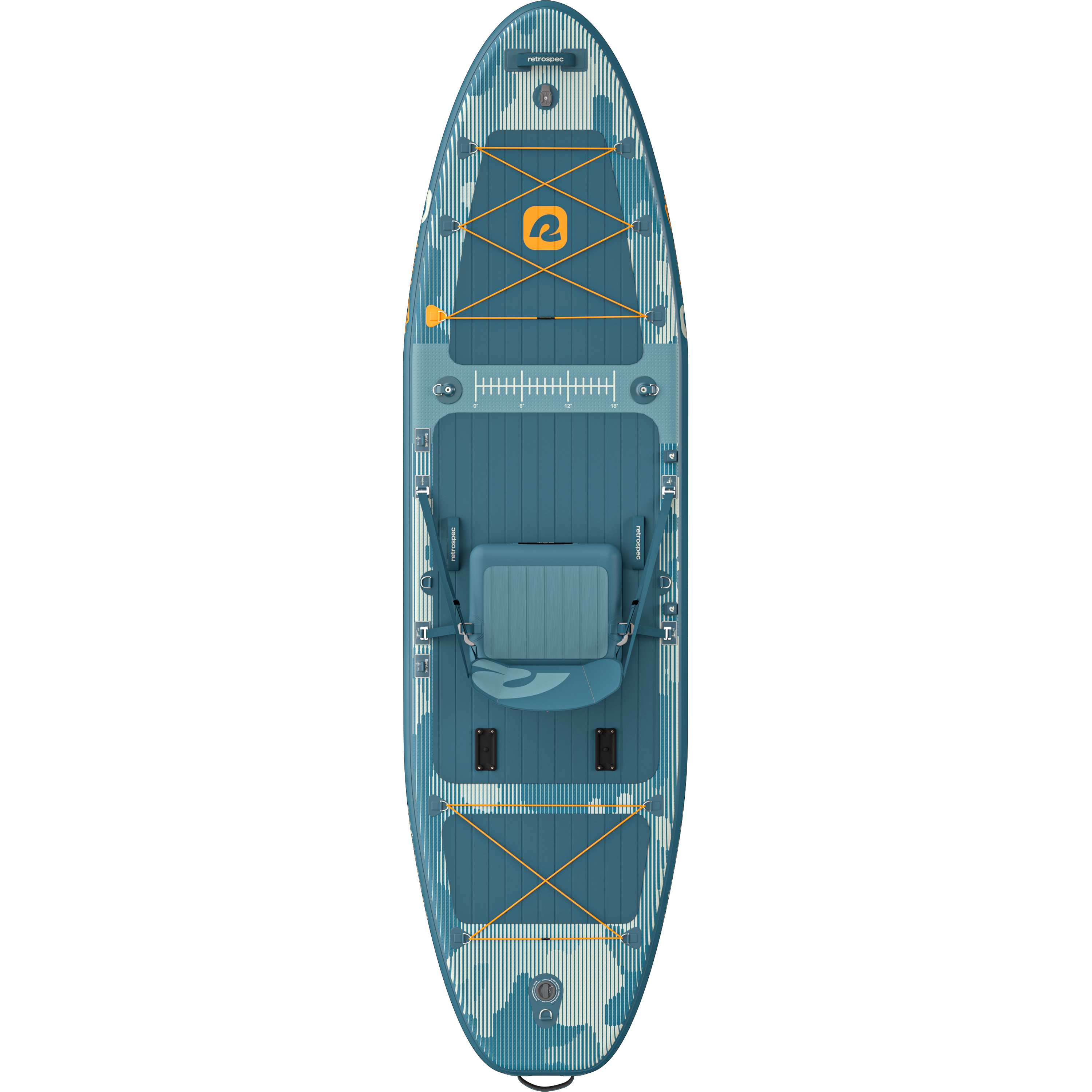 Top view of the June Fishing Inflatable Stand Up Paddle Board, showcasing the bungee storage areas and an inflatable seat attachment.