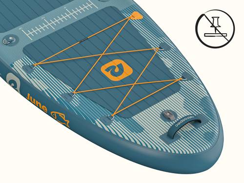 A close-up of the nose of the blue June Fishing Inflatable Stand Up Paddle Board Kayak Hybrid with orange yellow bungee cords and handle.